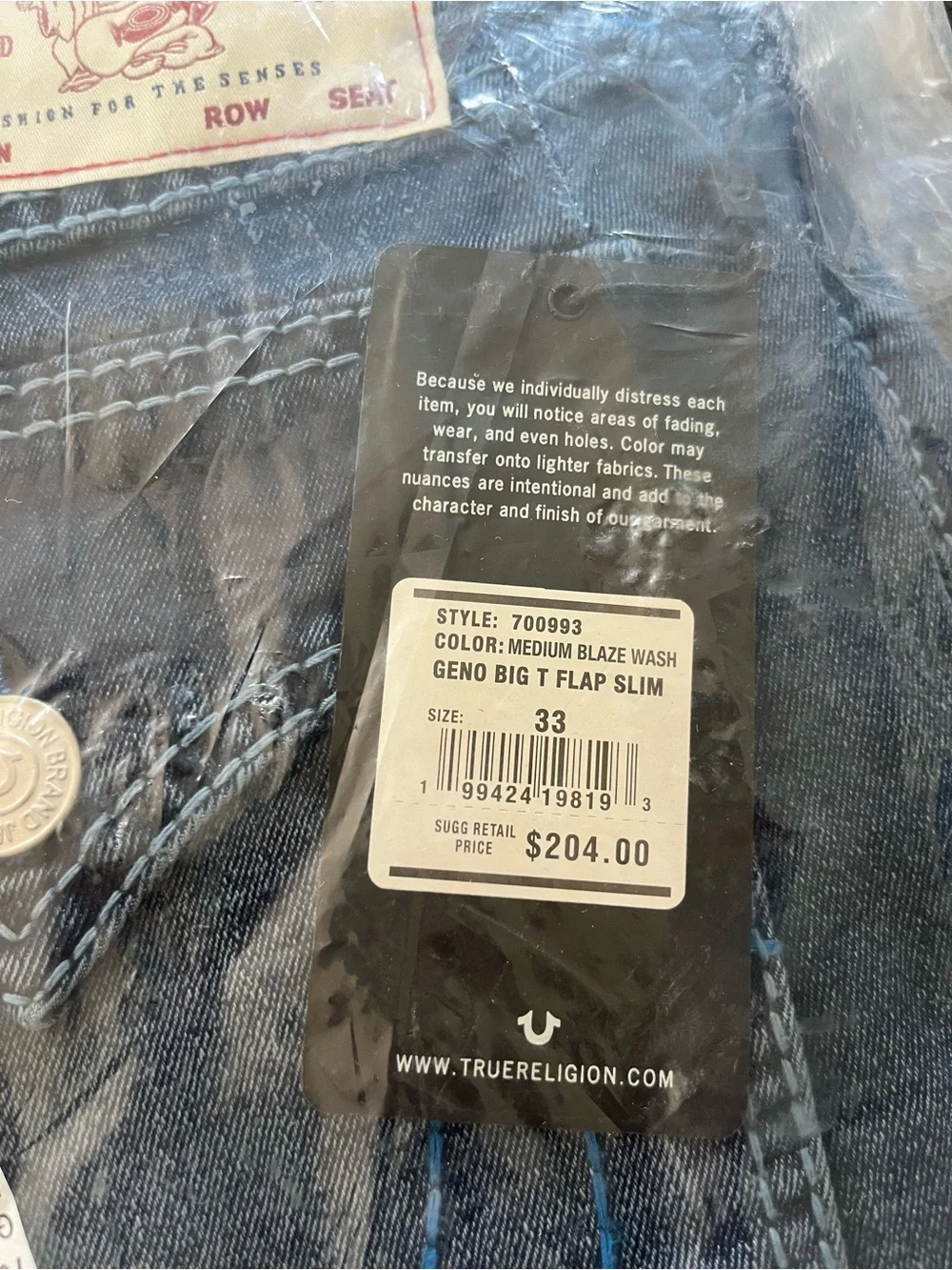 True Religion Geno Button Flap Pocket Slim Jeans size 33x32 $204 Casual - Picture 7 of 7